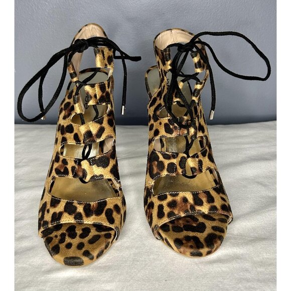Bebe Shoes Womens Size 10 Leopard Print High Heel Sandals Lace Up Open Toe - Picture 3 of 14